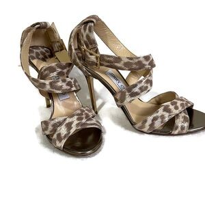 Jimmy Choo Gold Stiletto Leopard Ankle Strap Sandal Shoes Size 37 Made in Italy